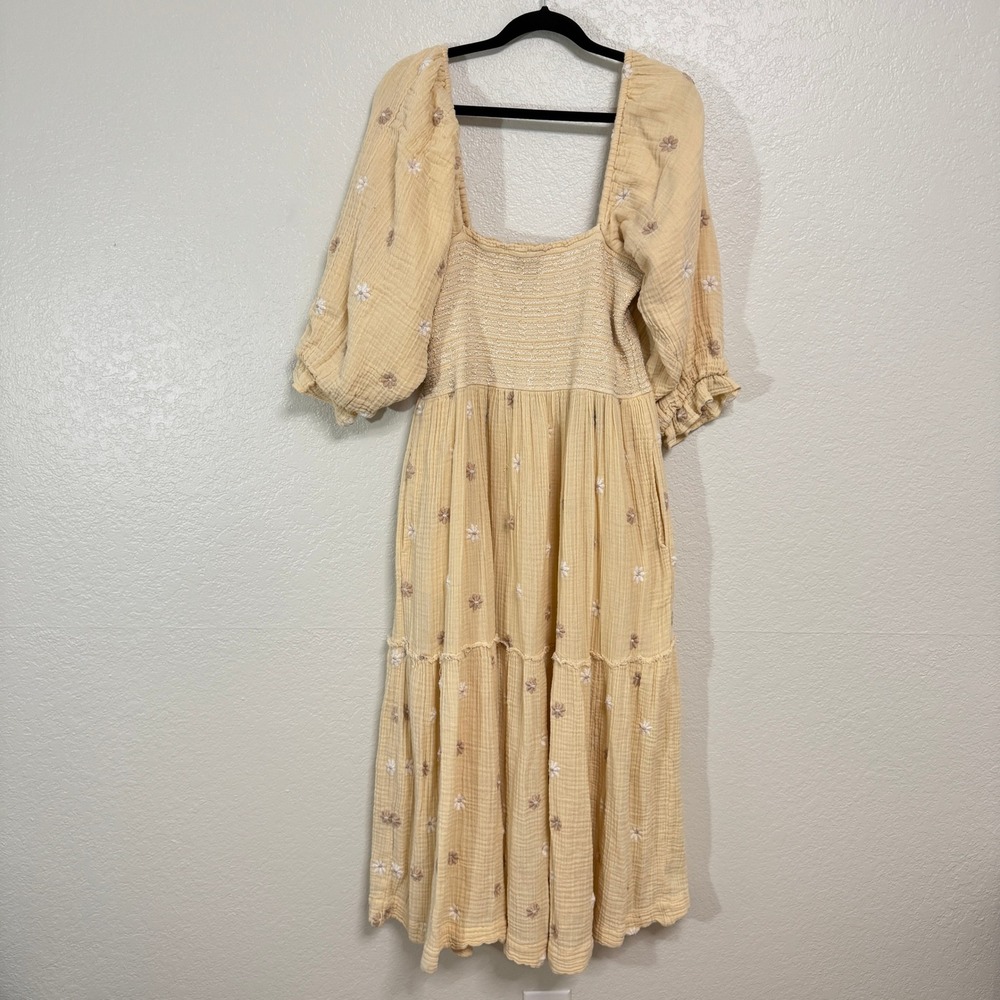 Free People Maxi Dress Womens L Yellow Cotton Gauze Floral Smocked Tiered Boho